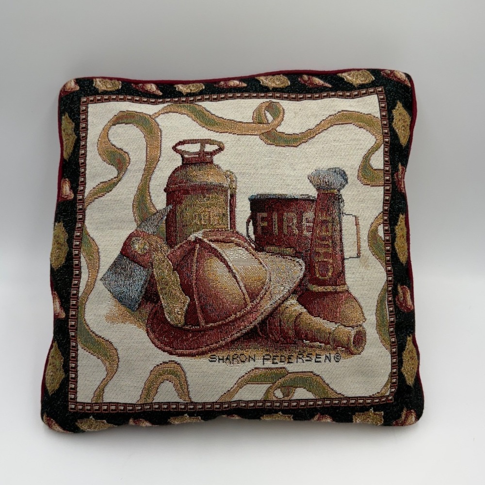 Sharon Pedersen Firefighter Themed Tapestry Throw Pillow‎ Red Fireman Water Hose